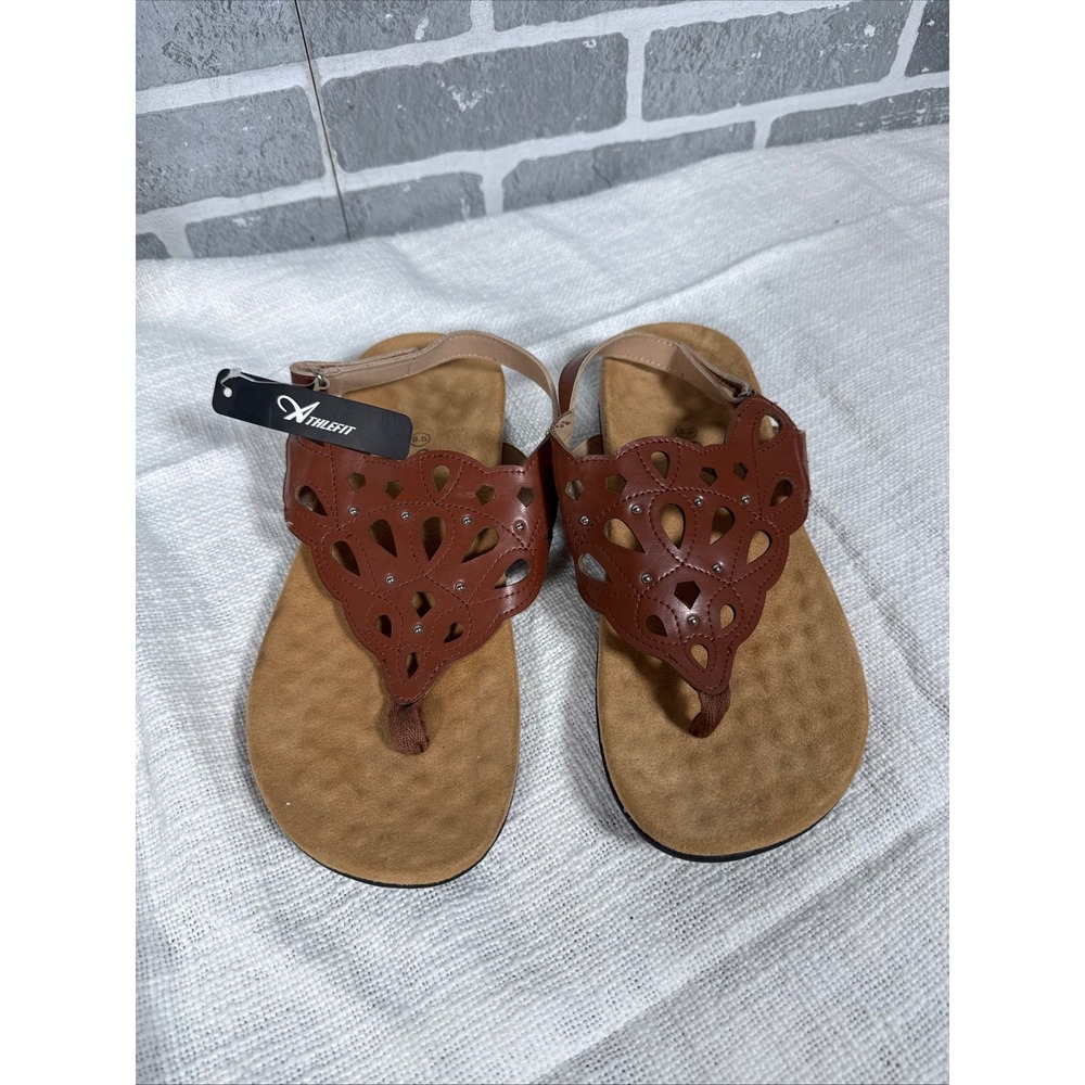 Athlefit Womens Orthotic Slingback Sandals Brown Laser Cut Thong Size 9.5 NEW‎